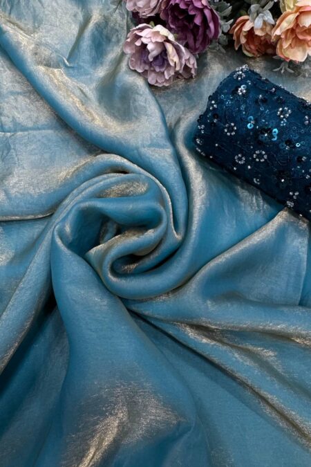 Women's Lustrous Teal Tissue Silk Saree with All-Over Sequin Embellished Blouse Piece