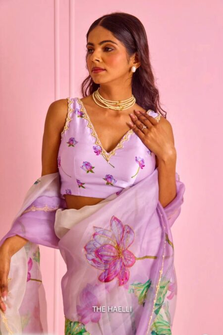 Women's Exquisite Lavender & White Organza Saree with Hand-Painted Lotus Floral Motifs & Gold Embellished Border – Complete with Matching Printed Blouse for Festive & Special Occasions