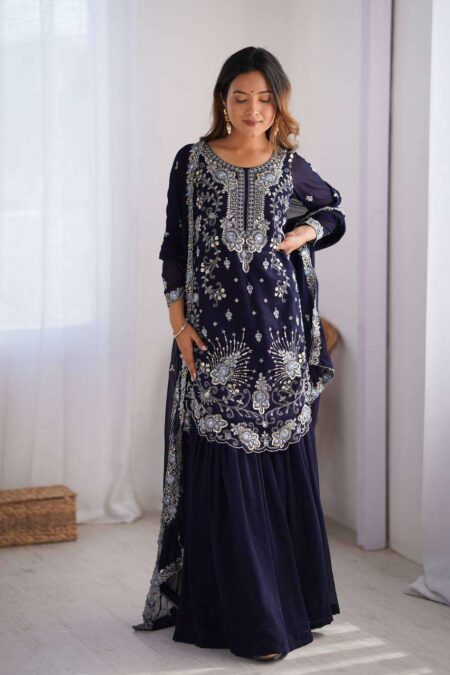 Women's Faux Georgette Sequins & Thread Work Straight Kurta With Sharara Suit and Dupatta Set