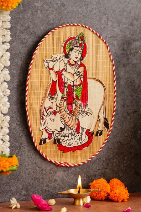 Oval Shaped Design Bamboo Hand Crafted Wall Hangings Of Krishna Ji With Holy Cow For Home Decor | Bamboo Art For Wall Decor