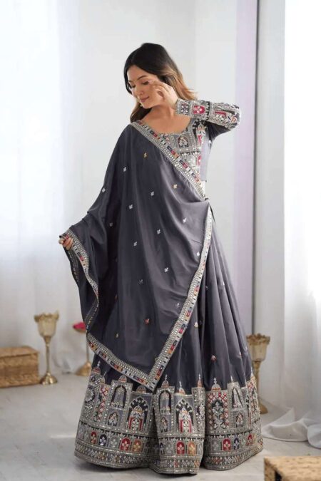 Women's Crepe Silk Sequence Embroidery and Zari Work Rajsthani Lehenga Choli with Dupatta