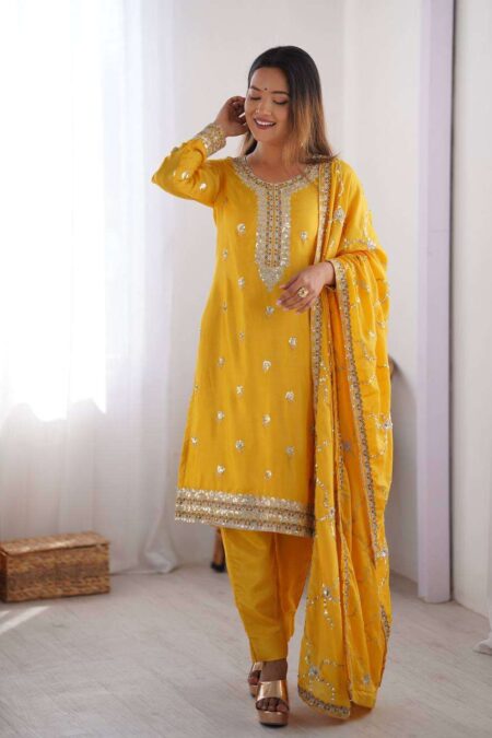 Women's Chinon Silk Embroidered Straight Kurti with Pant And Dupatta Set